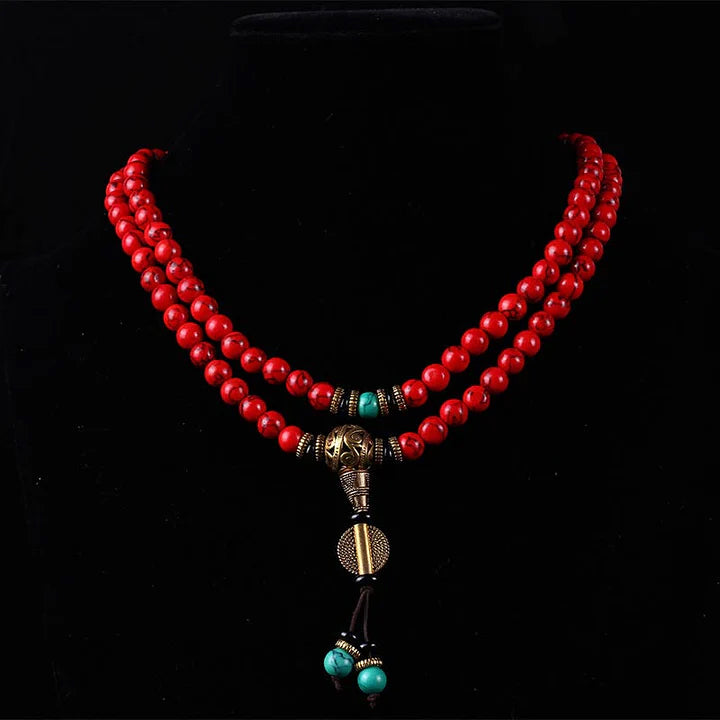 108 Bead Red Agate Turquoise Tibetan Mala Bracelet for Meditation