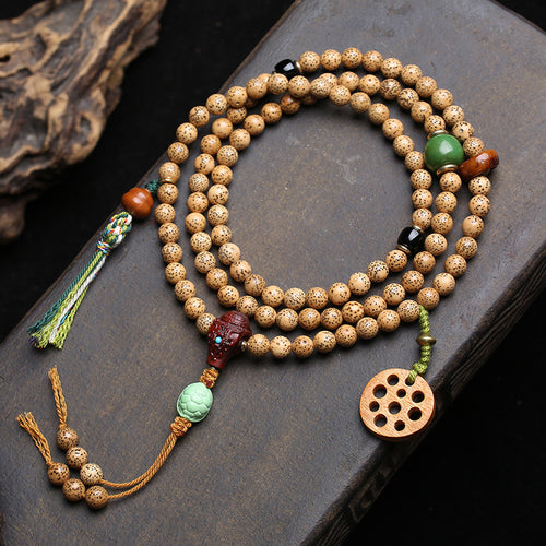 108 Star Moon Bodhi Mala Beads, Handmade Tibetan-style prayer necklace with lotus pendant and tassel for meditation and yoga