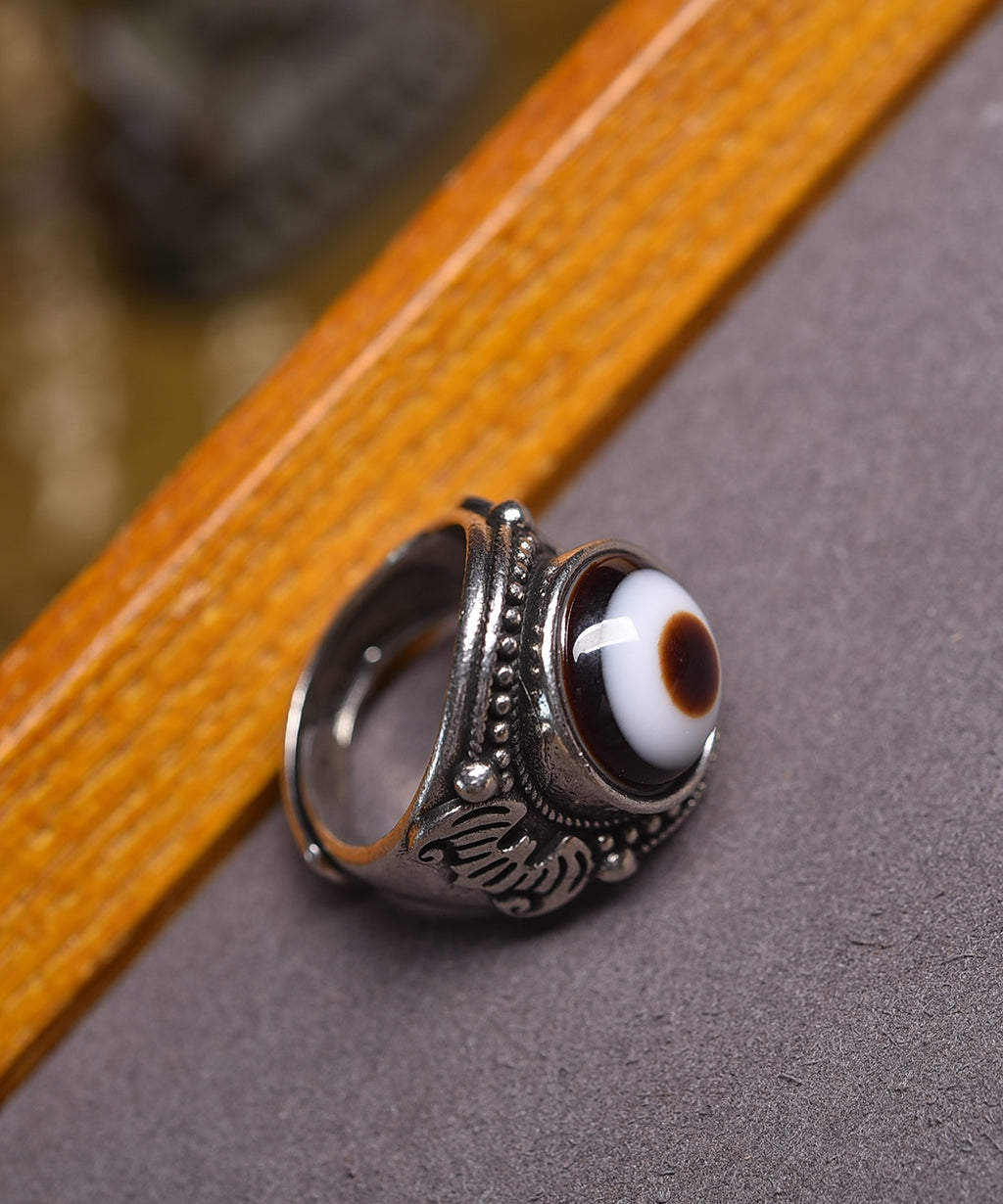 Tibetan Heaven Eye Dzi Bead Ring | Natural Agate Spiritual Protection Jewelry