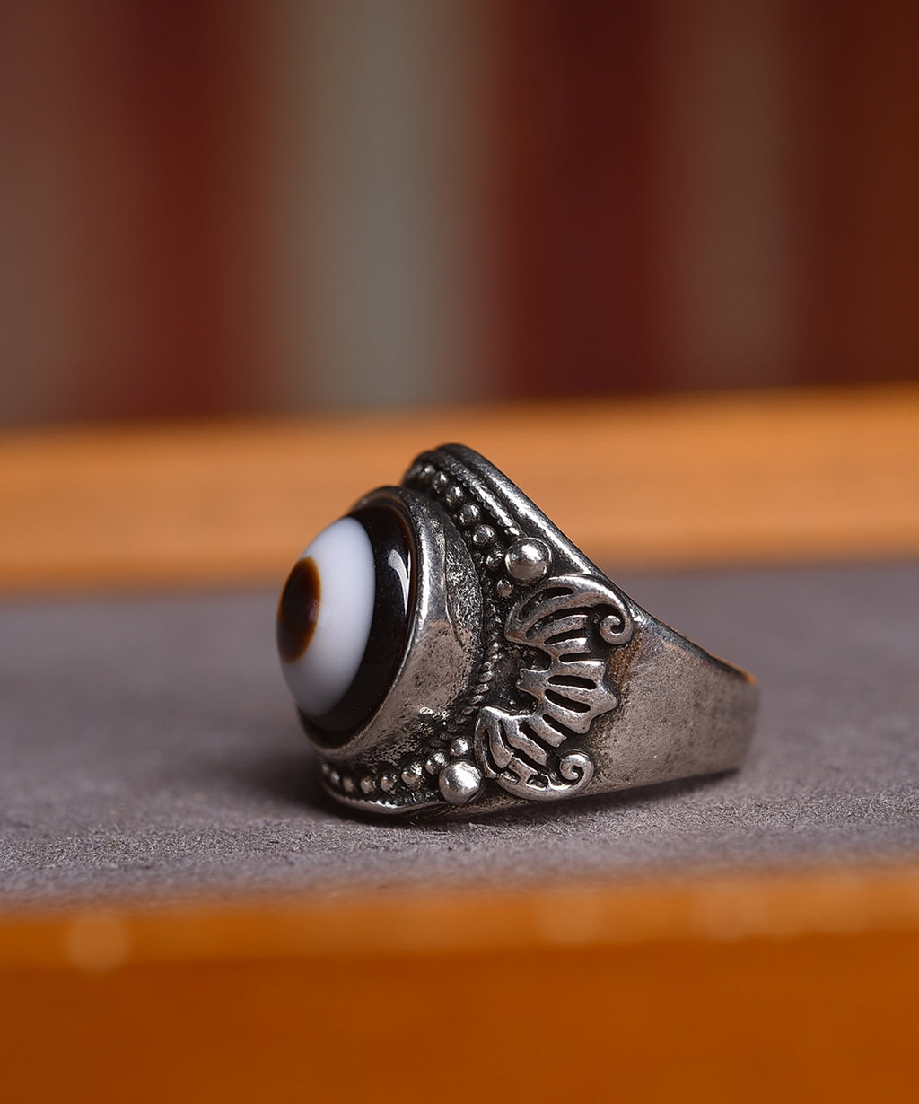 Tibetan Heaven Eye Dzi Bead Ring | Natural Agate Spiritual Protection Jewelry