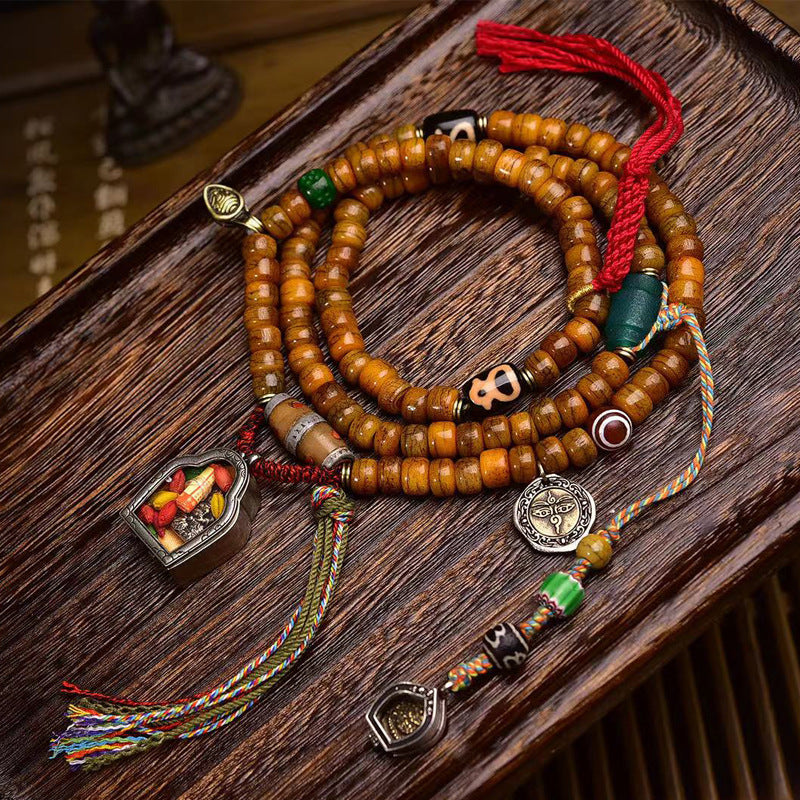 Tibetan Camel Bone 108 Mala Bracelet with Dzi Bead & Agate Accents