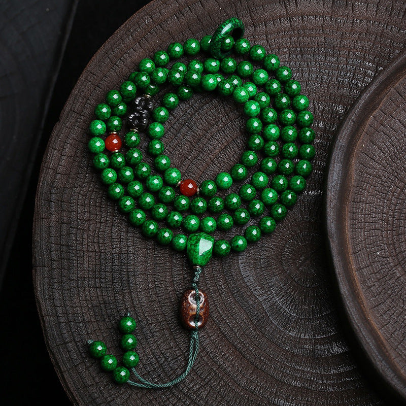 Tibetan Natural Green Agate & Obsidian 108 Mala Beads Meditation Bracelet