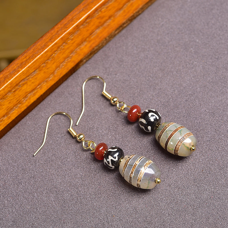 Attract Luck Vitality Earrings|Natural Agate Dzi Earrings with Water Patterns