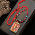 Hand-Braided Red Cord Necklace with 9-Eye Dzi Bead & Horse Thangka, Tibetan Craft