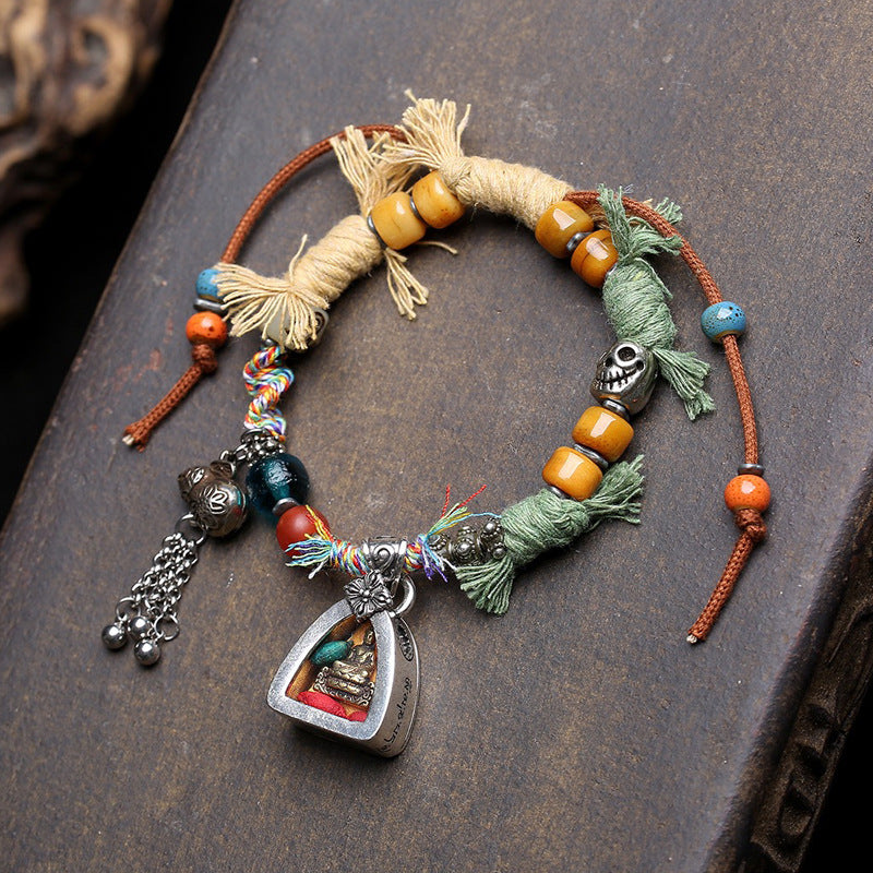 Tibetan Silver Gau Box Pendant Bracelet | Red Rope Handcrafted Healing Jewelry