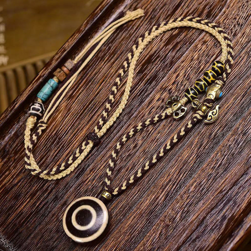 Handwoven Natural Agate Flat-Eyes Dzi Bead Necklace | Tibetan Talisman