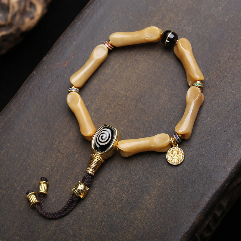Tibetan Dzi Bracelet with Natural Camel Bone & Agate – Lucky Talisman for Wealth & Protection