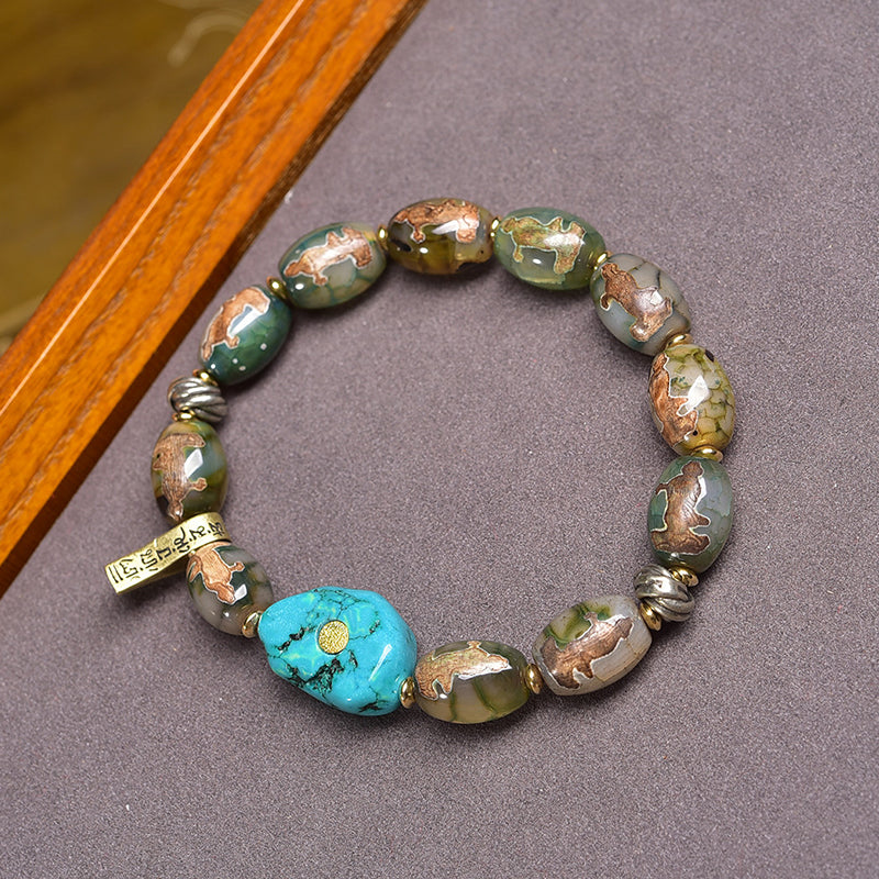 Tibetan Single Wrap Bracelet Ethnic Jewelry with Agate Dzi Bead & Turquoise