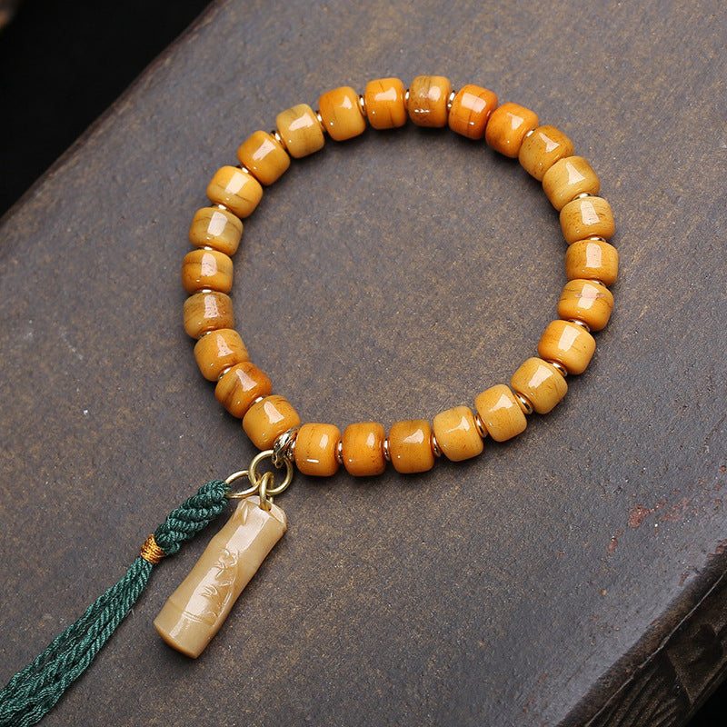 Vintage Bone Carving & Natural Agate Mala Bracelet – Tibetan Talisman of Wisdom & Stability
