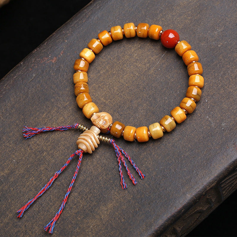 Vintage Bone Carving & Natural Agate Mala Bracelet – Tibetan Talisman of Wisdom & Stability