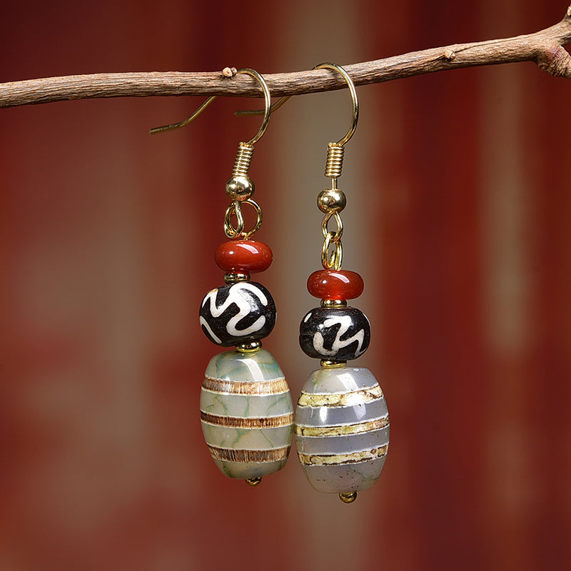 Attract Luck Vitality Earrings|Natural Agate Dzi Earrings with Water Patterns