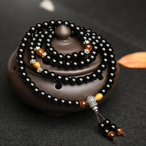 108 Natural Black Obsidian Tiger Eye Mala Bracelet Unisex Yoga & Meditation
