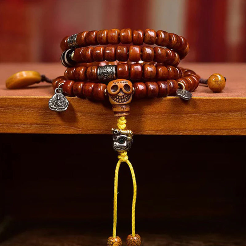 Tibetan Nine-Eye Dzi Bead Mala Bracelet | Bone & Agate Spiritual Prayer Beads