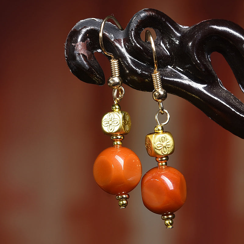 Natural Agate Earrings with Copper 'Profound Yin Four Symbols' Pendant