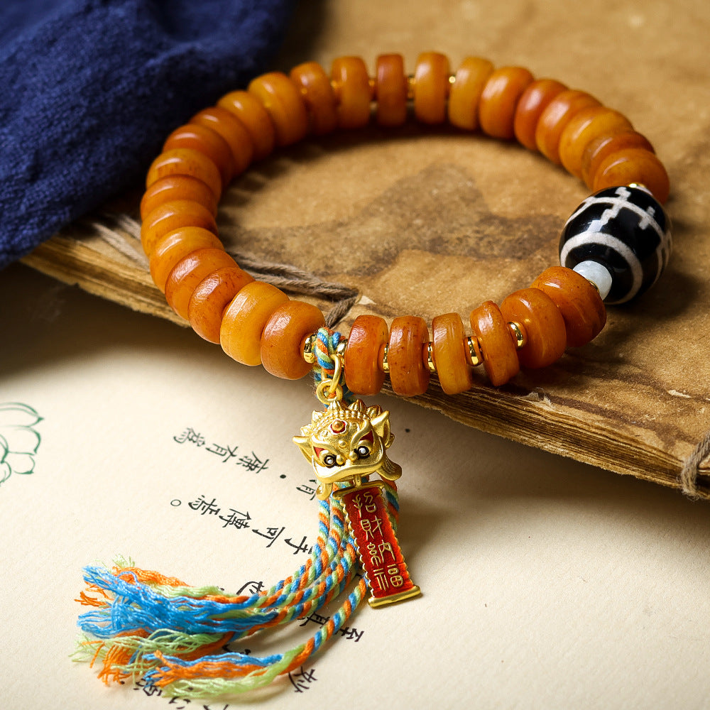 Tibetan Yak Bone Mala Bracelet with Copper Lion & Agate Dzi – Guardian Jewelry for Courage