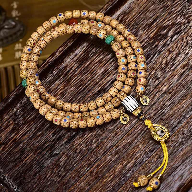Aged Star Moon Bodhi 108-Bead Prayer Mala with Colorful Inlay & Red Agate Accents