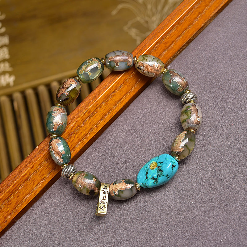 Tibetan Single Wrap Bracelet Ethnic Jewelry with Agate Dzi Bead & Turquoise
