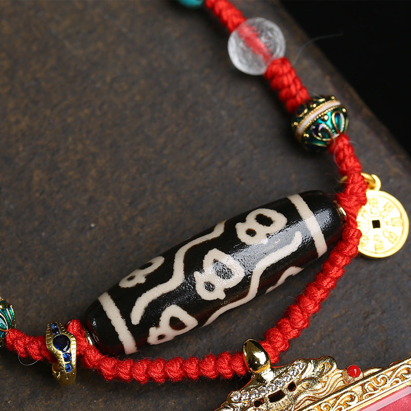 Hand-Braided Red Cord Necklace with 9-Eye Dzi Bead & Horse Thangka, Tibetan Craft