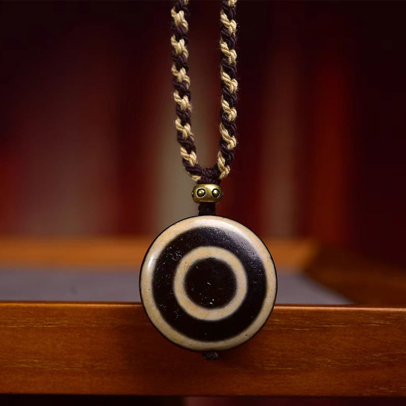 Handwoven Natural Agate Flat-Eyes Dzi Bead Necklace | Tibetan Talisman