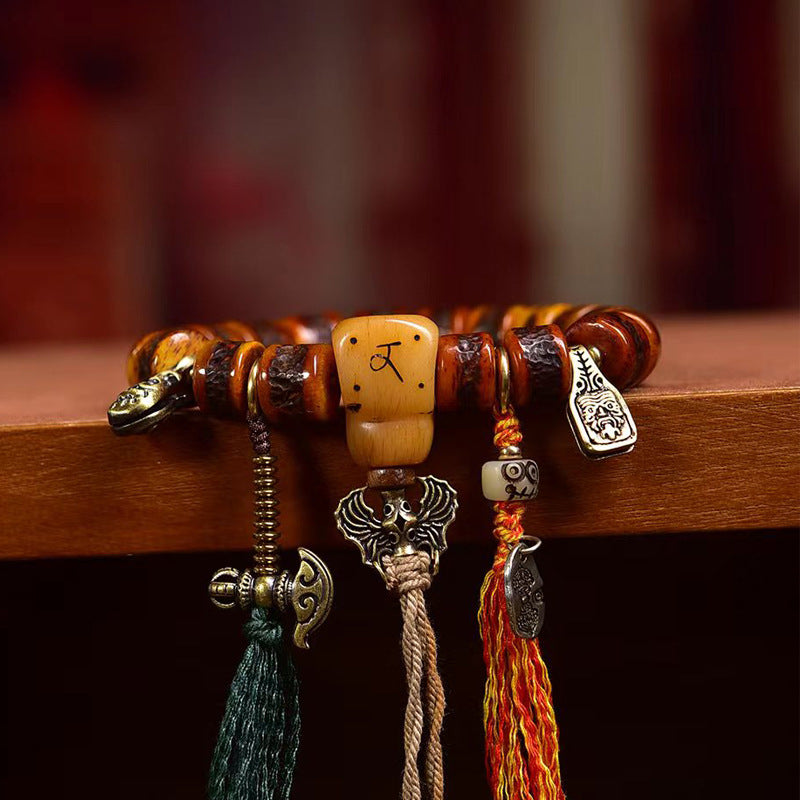Vintage Tibetan Yak Bone Wrist Mala Bracelet with Camel Bone Guru Bead & Brass Accents