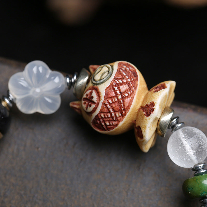 Tibetan Multi-Stone Dzi Bead Bracelet with Crystal, Agate & Carved Bone Accents