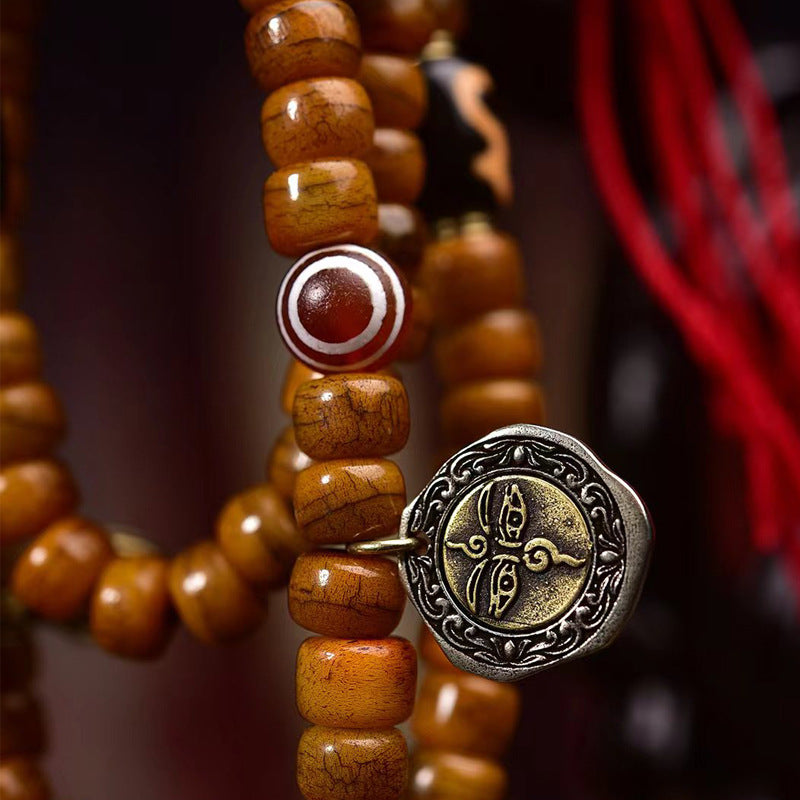 Tibetan Camel Bone 108 Mala Bracelet with Dzi Bead & Agate Accents