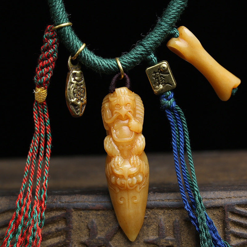 Handwoven Natural Aged Bone Garuda Vajra Pendant Necklace – Tibetan Symbol of Protection & Strength