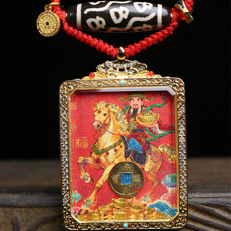 Hand-Braided Red Cord Necklace with 9-Eye Dzi Bead & Horse Thangka, Tibetan Craft