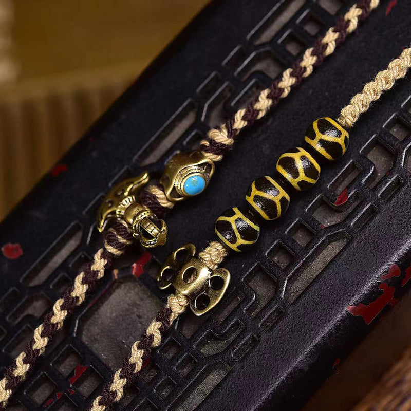 Handwoven Natural Agate Flat-Eyes Dzi Bead Necklace | Tibetan Talisman