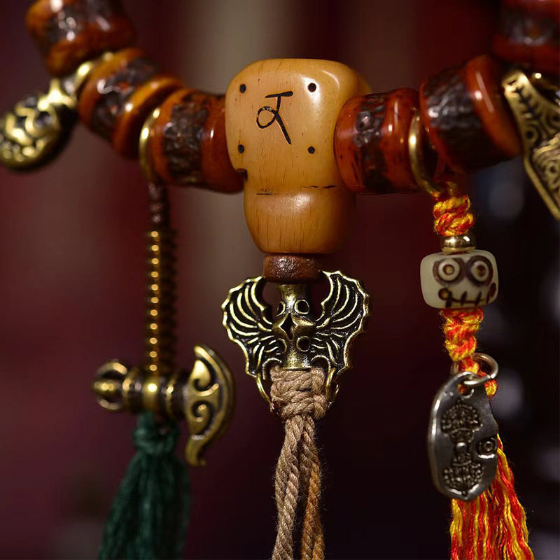 Vintage Tibetan Yak Bone Wrist Mala Bracelet with Camel Bone Guru Bead & Brass Accents