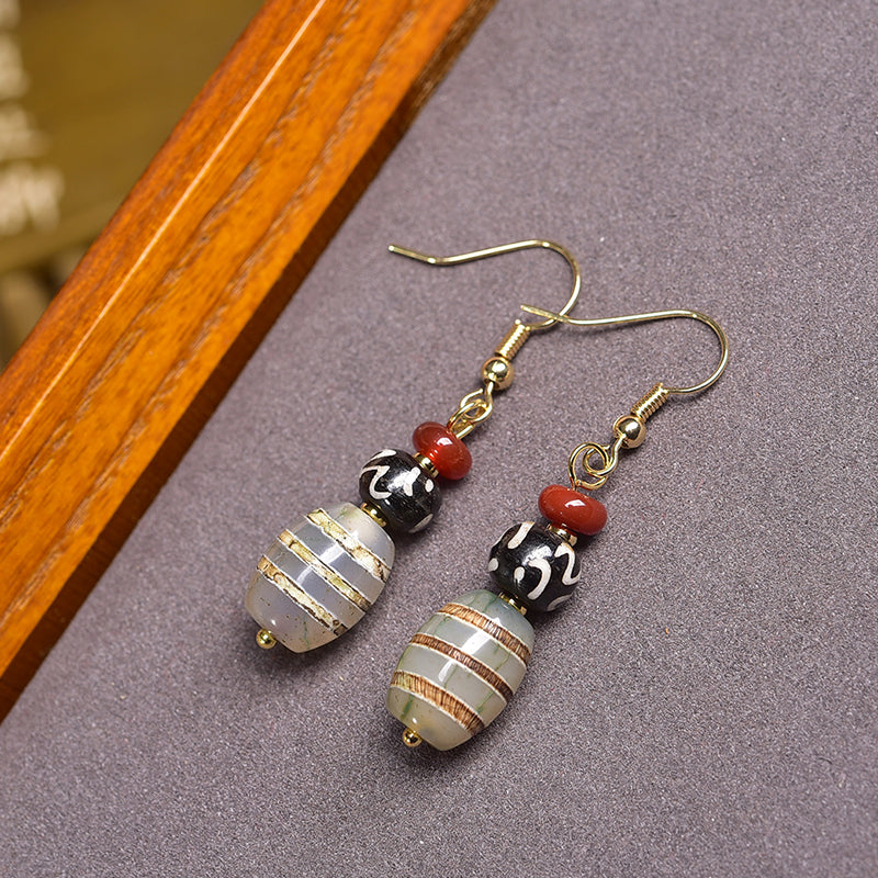 Attract Luck Vitality Earrings|Natural Agate Dzi Earrings with Water Patterns