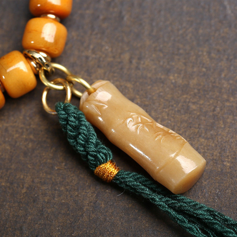 Vintage Bone Carving & Natural Agate Mala Bracelet – Tibetan Talisman of Wisdom & Stability