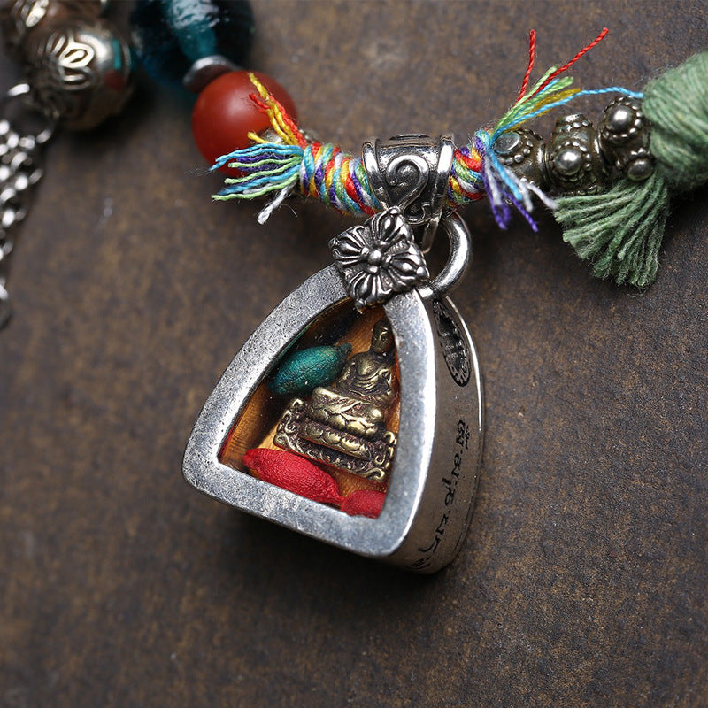 Tibetan Silver Gau Box Pendant Bracelet | Red Rope Handcrafted Healing Jewelry