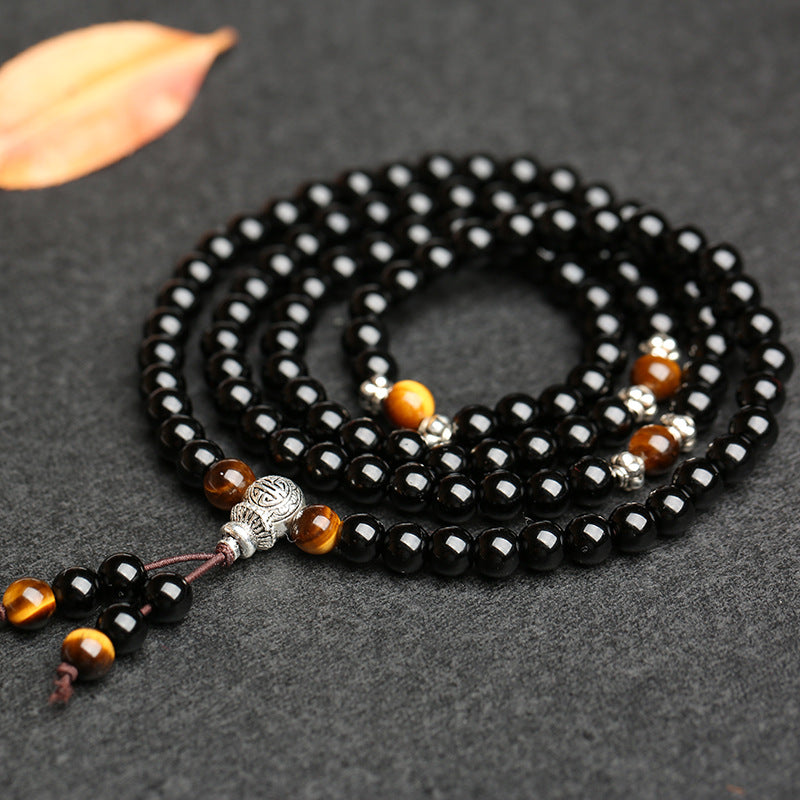 108 Natural Black Obsidian Tiger Eye Mala Bracelet Unisex Yoga & Meditation