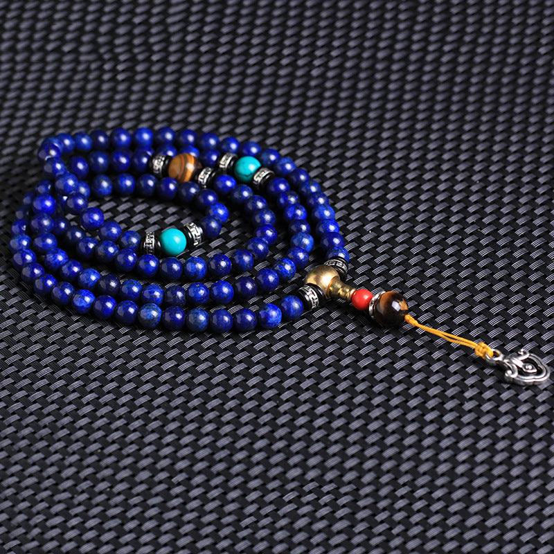 Primary Natural Lazurite 108 Mala Bracelet with Tiger Eye & Turquoise Accents