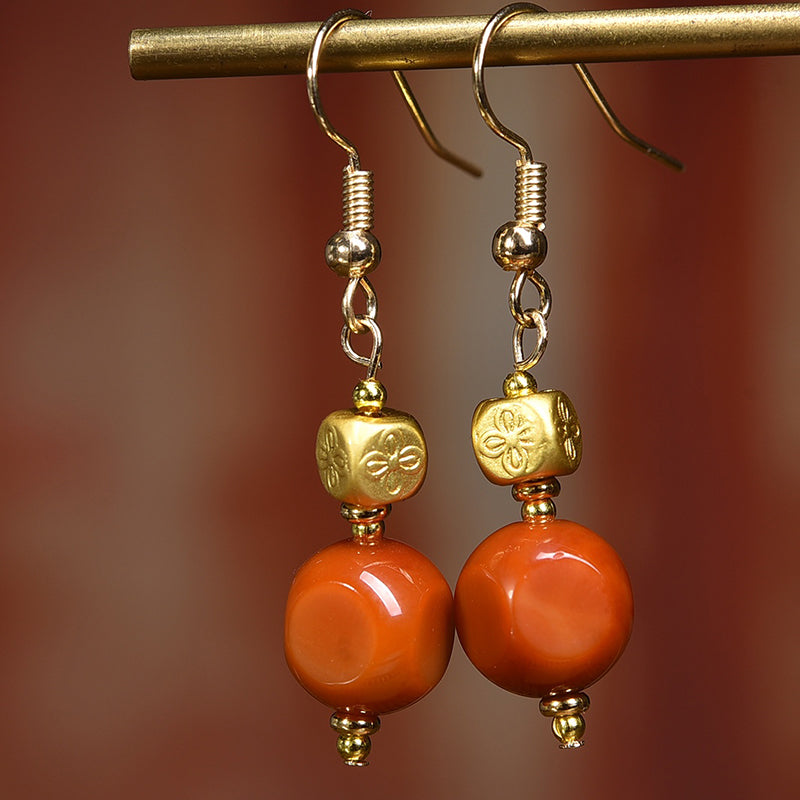 Natural Agate Earrings with Copper 'Profound Yin Four Symbols' Pendant