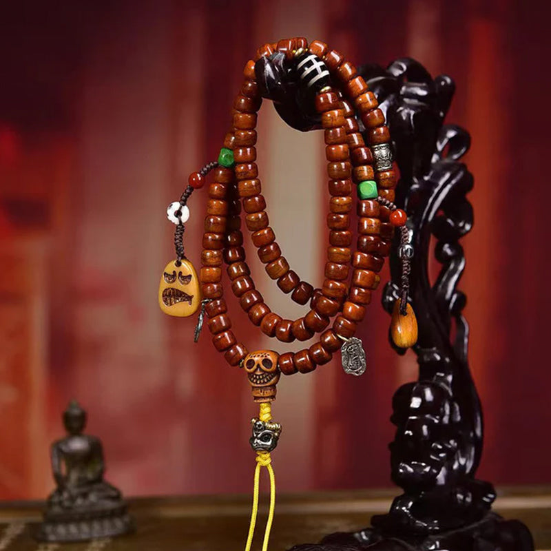 Tibetan Nine-Eye Dzi Bead Mala Bracelet | Bone & Agate Spiritual Prayer Beads