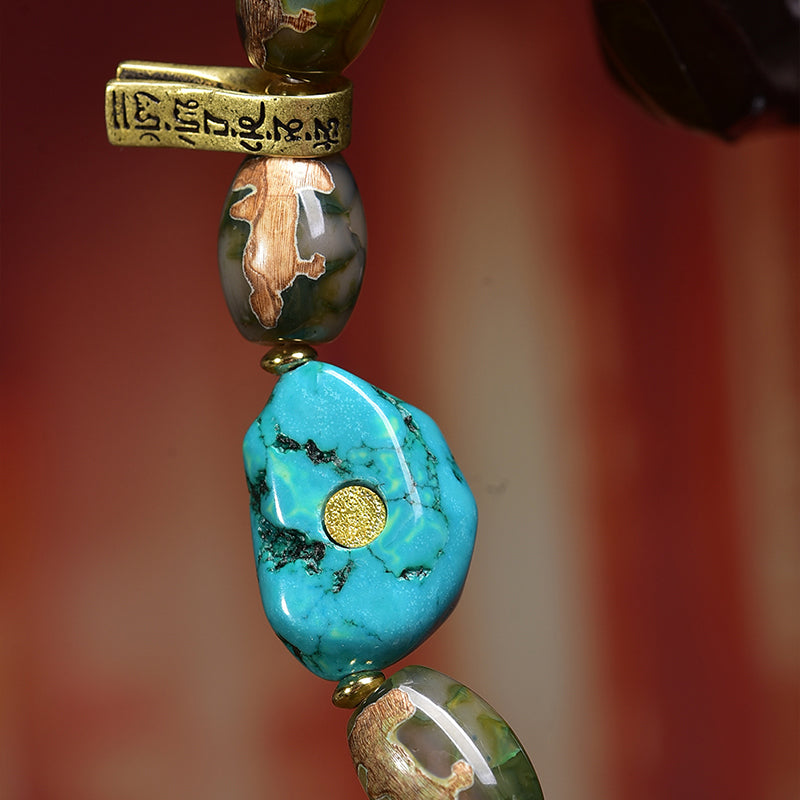 Natural agate dzi bead and turquoise on Tibetan single wrap bracelet