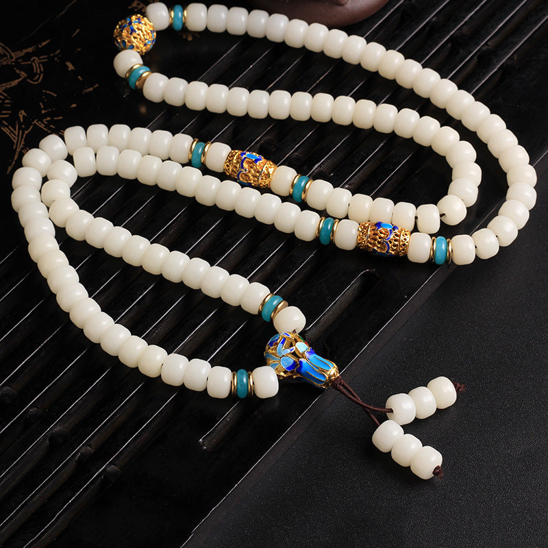108 Natural White Bodhi Seed Mala Bracelet Handmade Yoga Jewelry for Women