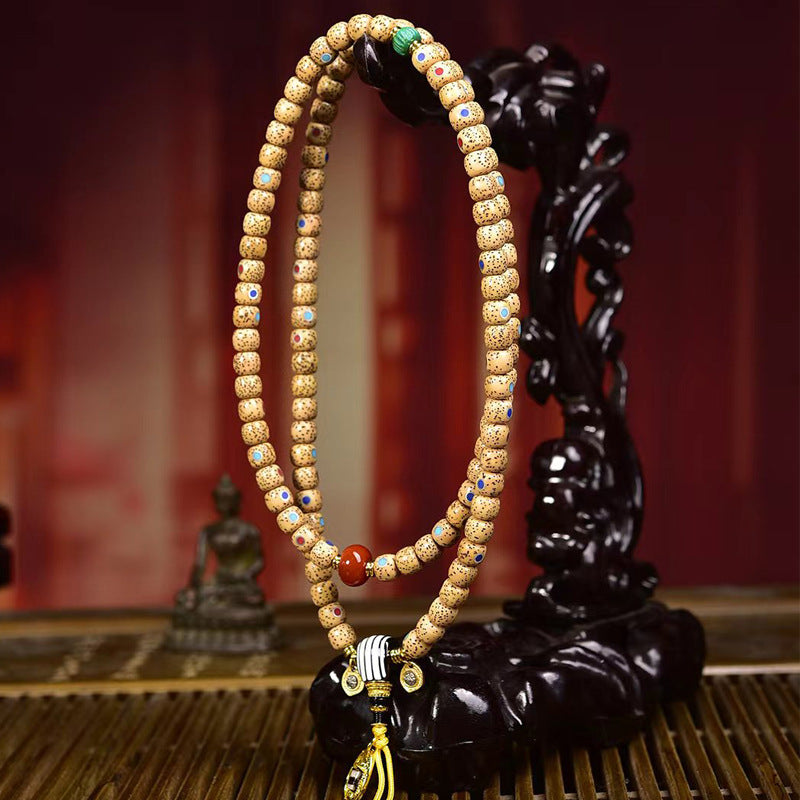 Aged Star Moon Bodhi 108-Bead Prayer Mala with Colorful Inlay & Red Agate Accents