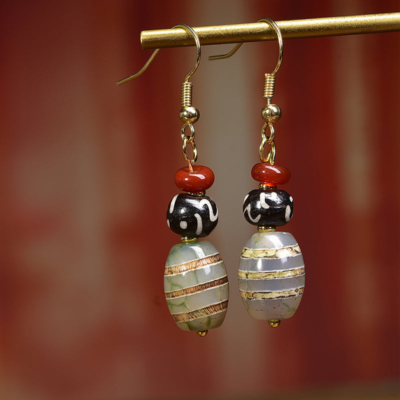 Attract Luck Vitality Earrings|Natural Agate Dzi Earrings with Water Patterns