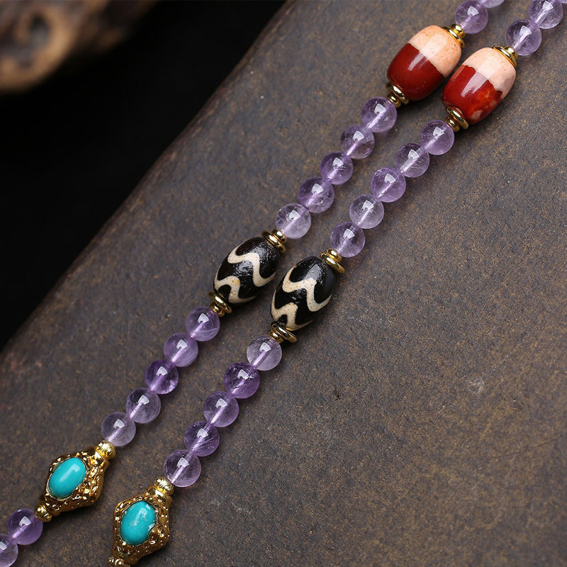 Natural Amethyst Mala Necklace with Dzi Beads & Thangka Amulet