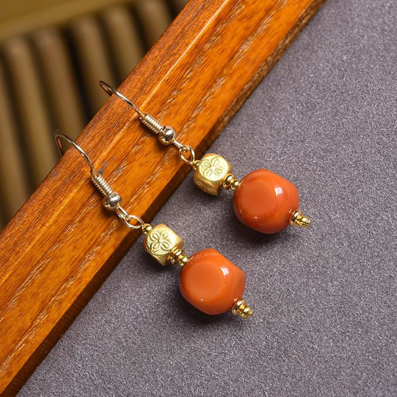 Natural Agate Earrings with Copper 'Profound Yin Four Symbols' Pendant