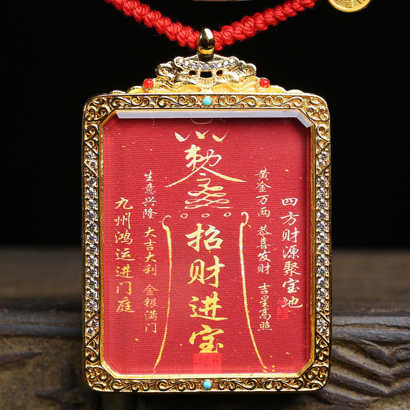 Hand-Braided Red Cord Necklace with 9-Eye Dzi Bead & Horse Thangka, Tibetan Craft