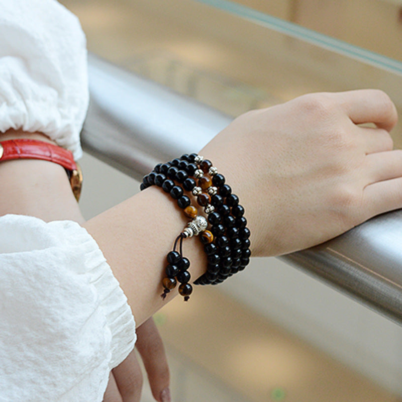 108 Natural Black Obsidian Tiger Eye Mala Bracelet Unisex Yoga & Meditation