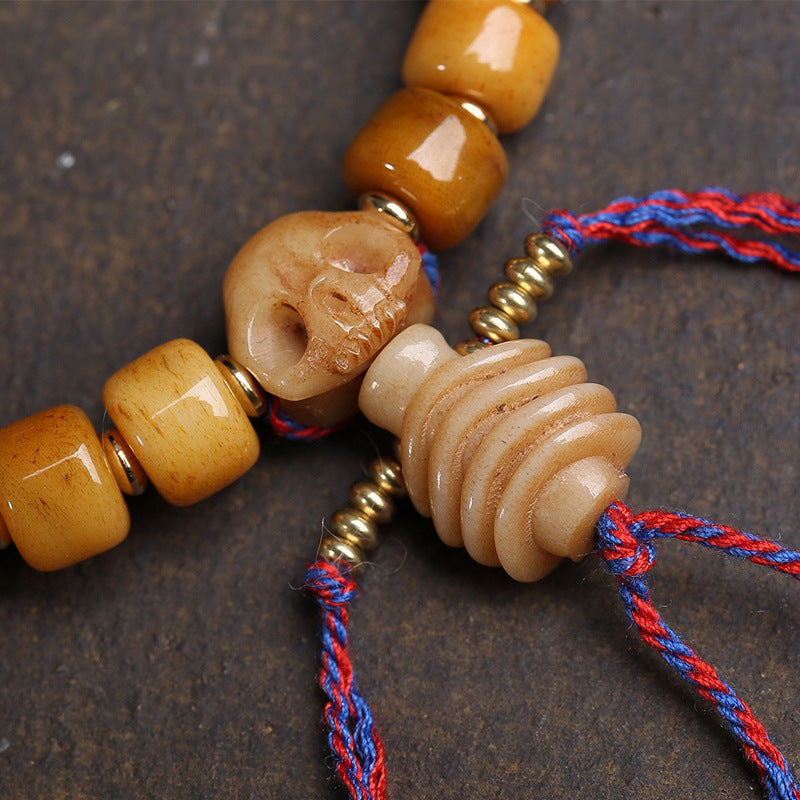 Vintage Bone Carving & Natural Agate Mala Bracelet – Tibetan Talisman of Wisdom & Stability
