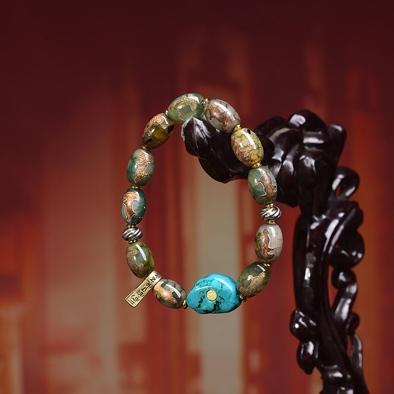 Tibetan ethnic single wrap bracelet with agate dzi bead and turquoise