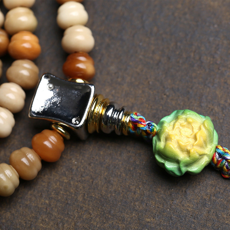 Natural Bodhi Seed 108 Mala Bracelet with Copper Guru Bead & Agate Accents