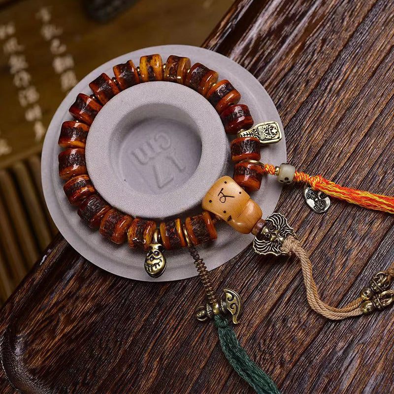 Vintage Tibetan Yak Bone Wrist Mala Bracelet with Camel Bone Guru Bead & Brass Accents