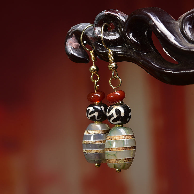 Attract Luck Vitality Earrings|Natural Agate Dzi Earrings with Water Patterns